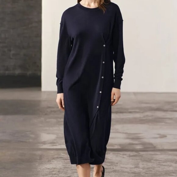 Zara Navy Blue Midi Knit Dress With Side Buttons Size S NWT - Picture 2 of 8
